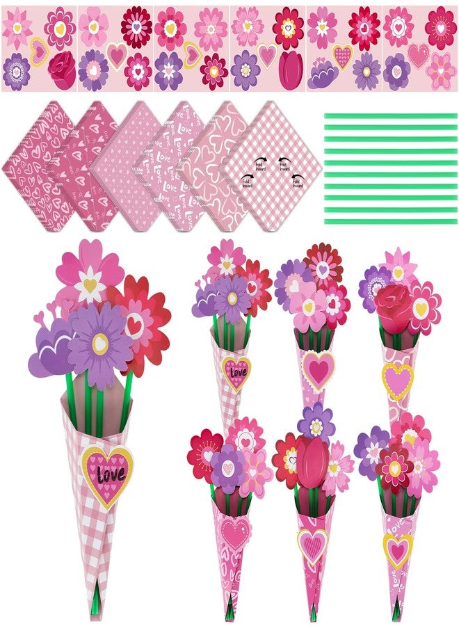 Nlicrst 24 Pcs Valentine Flower Craft Valentine's Day Paper Crafts Make Your Own Flower Bouquets for Valentine's Day Home Fun DIY, Perfect Handmade Valentine Gift (6 Styles) - Image 1